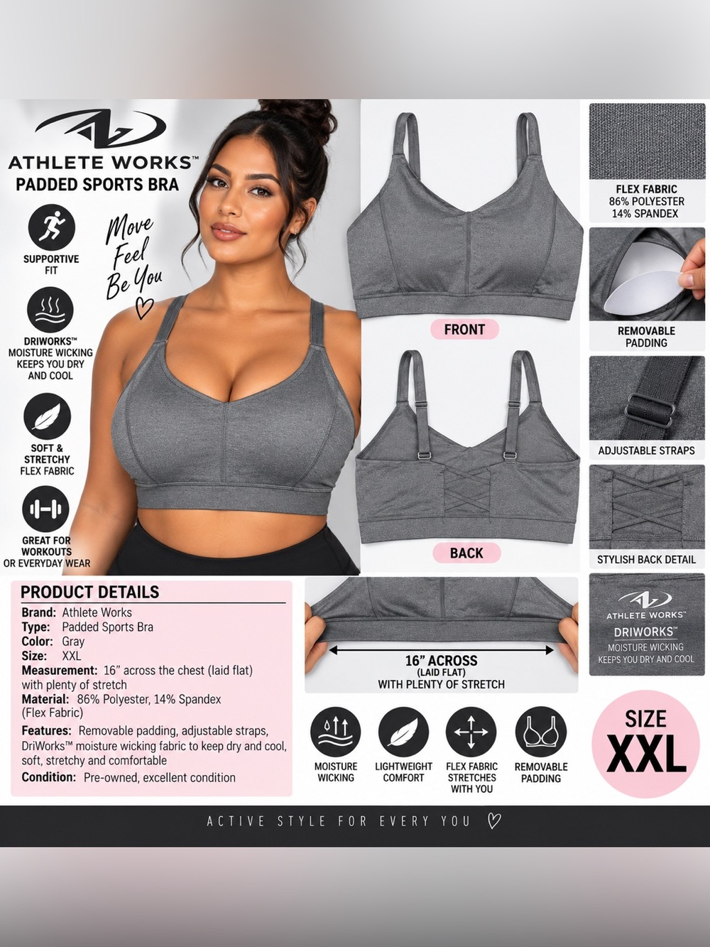 ATHLETE WORKS PADDED SPORTS BRA - GRAY SIZE XXL (NEW WITH TAGS) A4